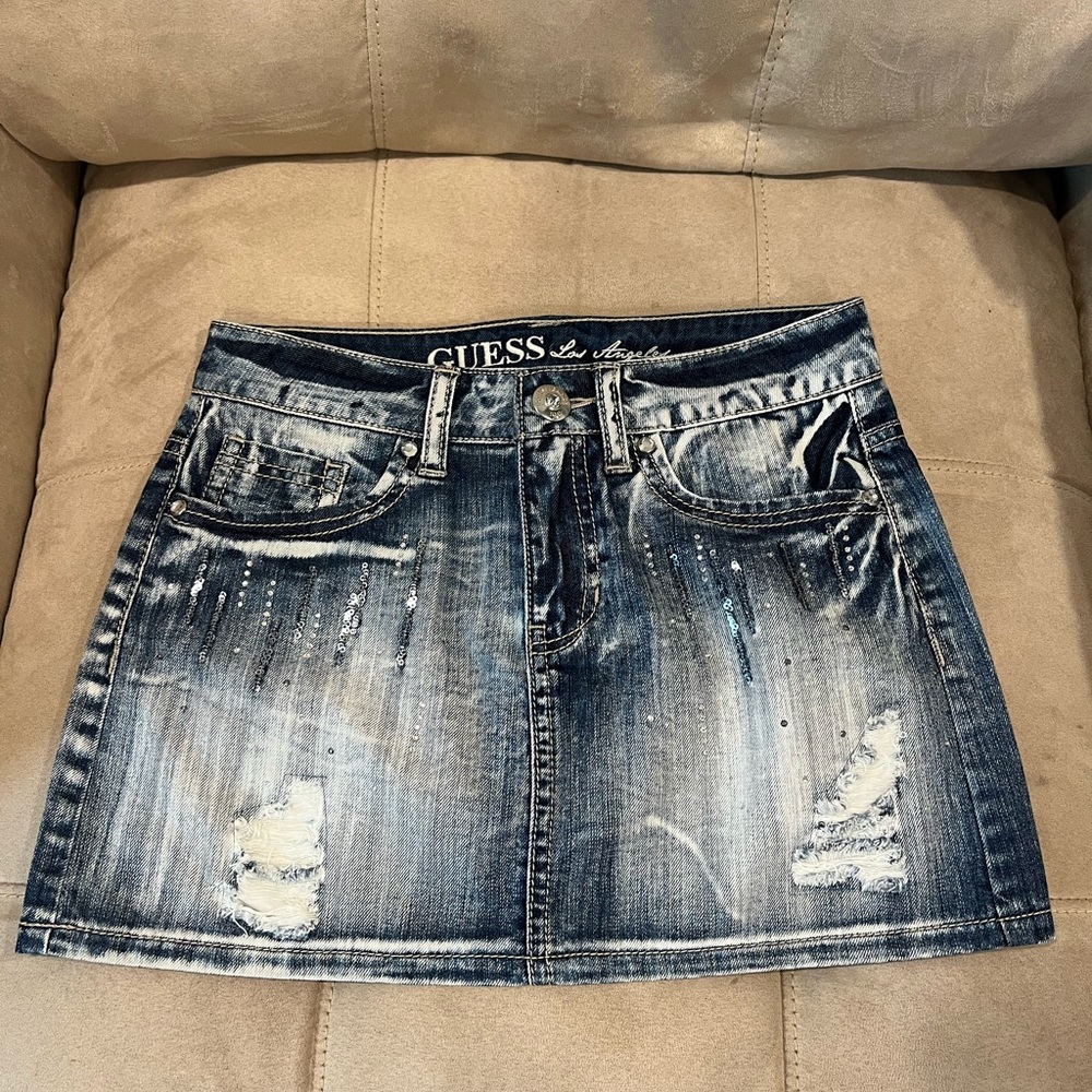 GUESS Mini Denim Skirt Sz Small Distressed Sequins
